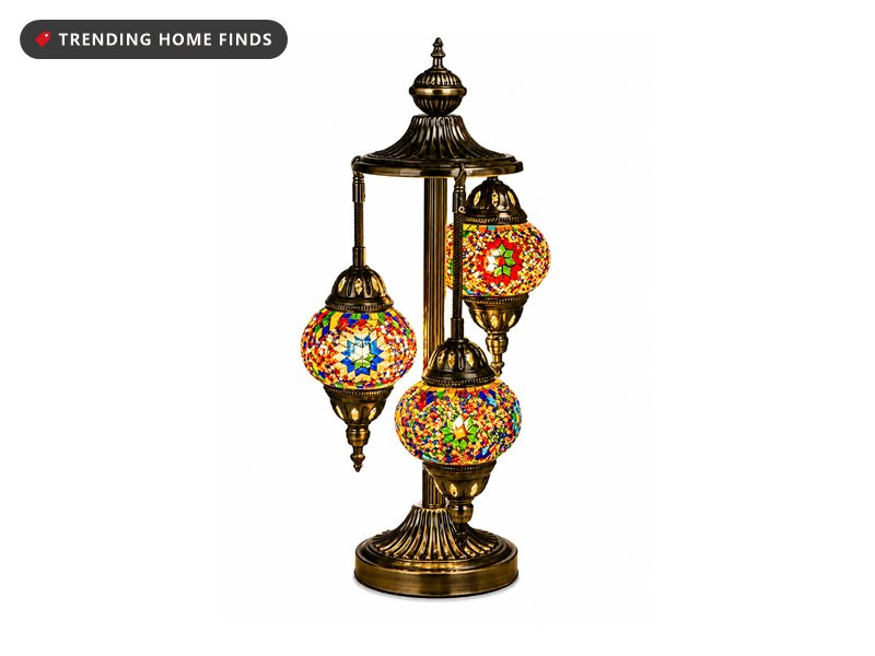 Three-globe handmade Turkish mosaic lamp with colorful stained glass