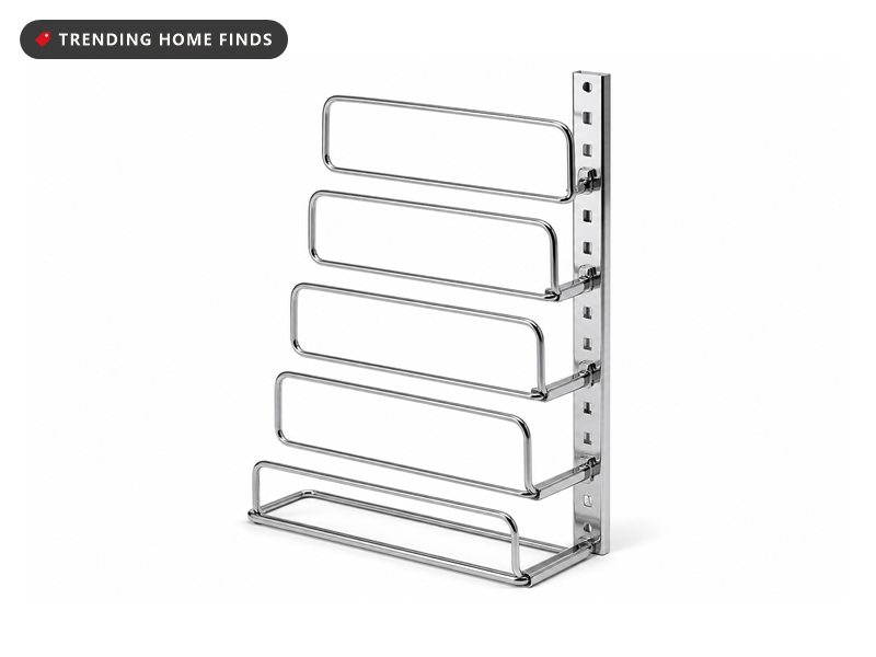 Chrome wire cookware rack with a perforated upright post and five U shaped dividers spaced along a flat base rail.