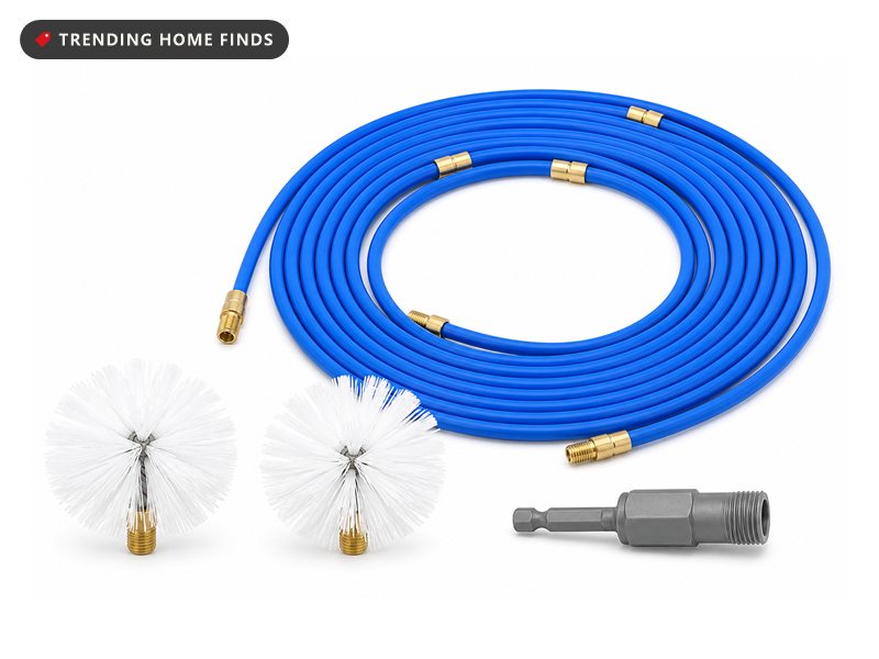 Coiled blue flexible nylon cleaning rods with brass joints, two round white brush heads and a grey drill adapter.