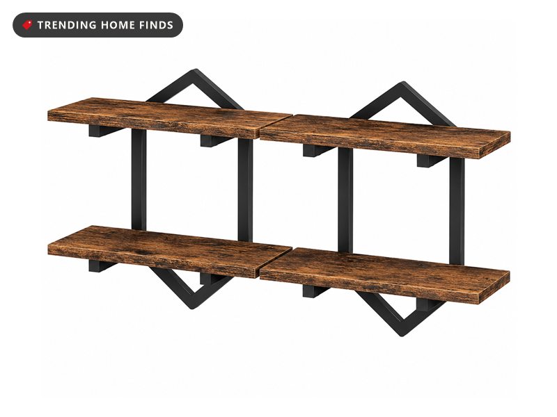 Two rustic brown two-tier floating wall shelves on black metal brackets