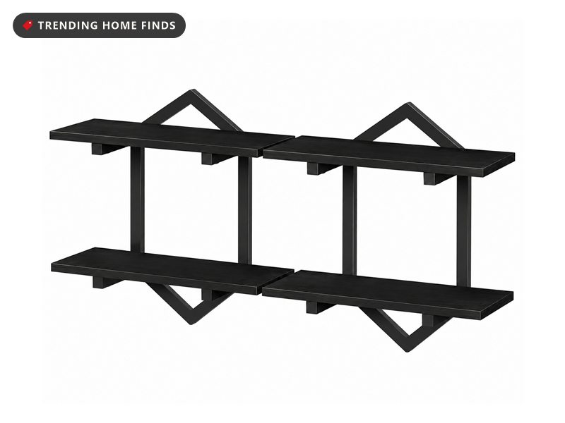 Two matching black two-tier wall shelf units with open triangular metal frames on a white background