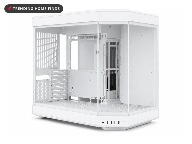 White dual chamber PC case with wraparound panoramic glass across the front and side and ventilated white panels