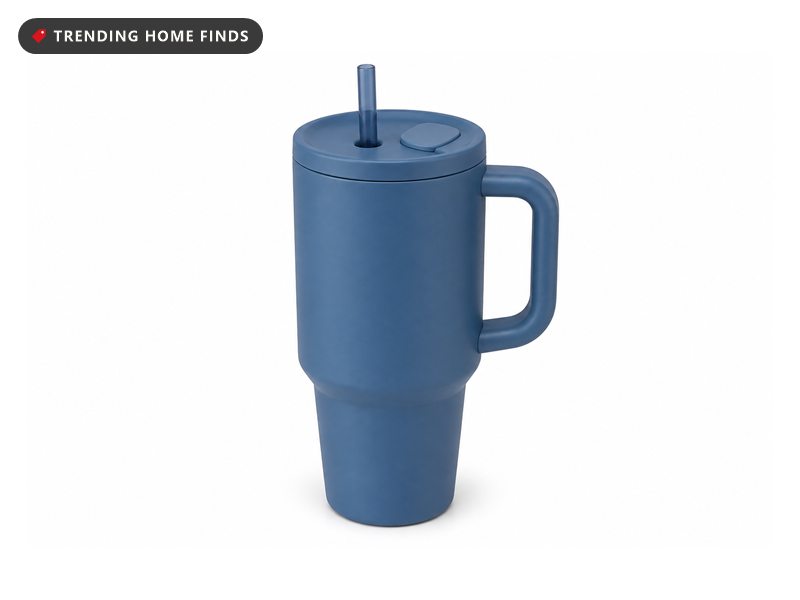 Tall patina blue insulated tumbler with a side handle and a covered push-button straw lid.