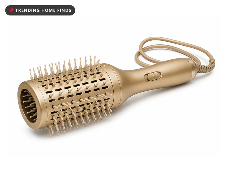 A gold oval hair dryer brush on a marble vanity tray beside a mirror in warm evening lamp light, styled hair seen from behind.