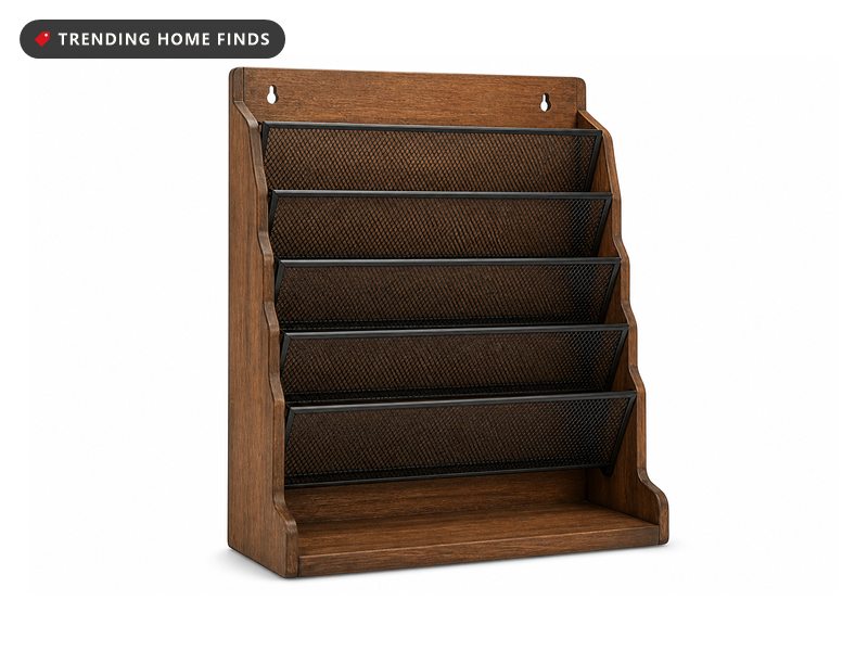 Five tier wall file organizer with a warm brown wood back panel, black wire mesh slots and a flat base tray.