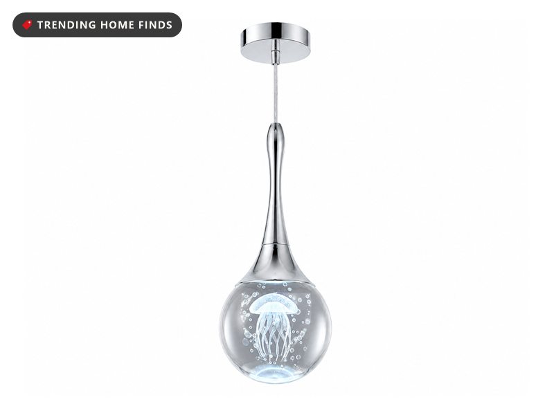 Teardrop glass pendant light with a jellyfish figure inside