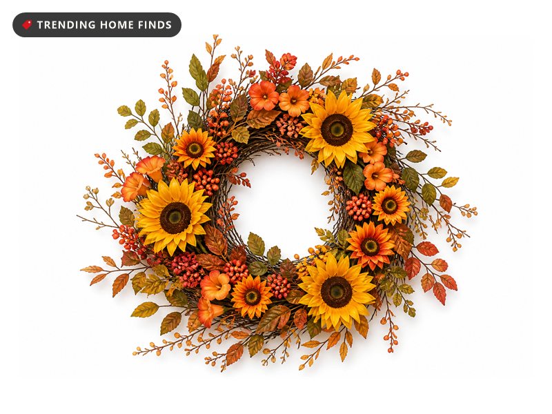 Round twig wreath packed with yellow and orange sunflowers, berry clusters and mixed olive and rust foliage.