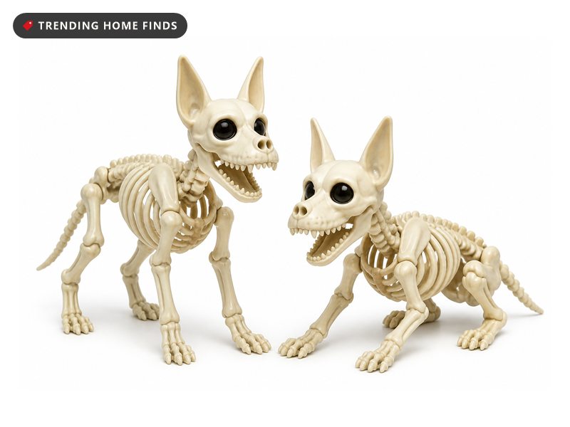 Two bone colored dog skeletons with open jaws, curved ribcages and four bone paws each, posed standing and crouching.