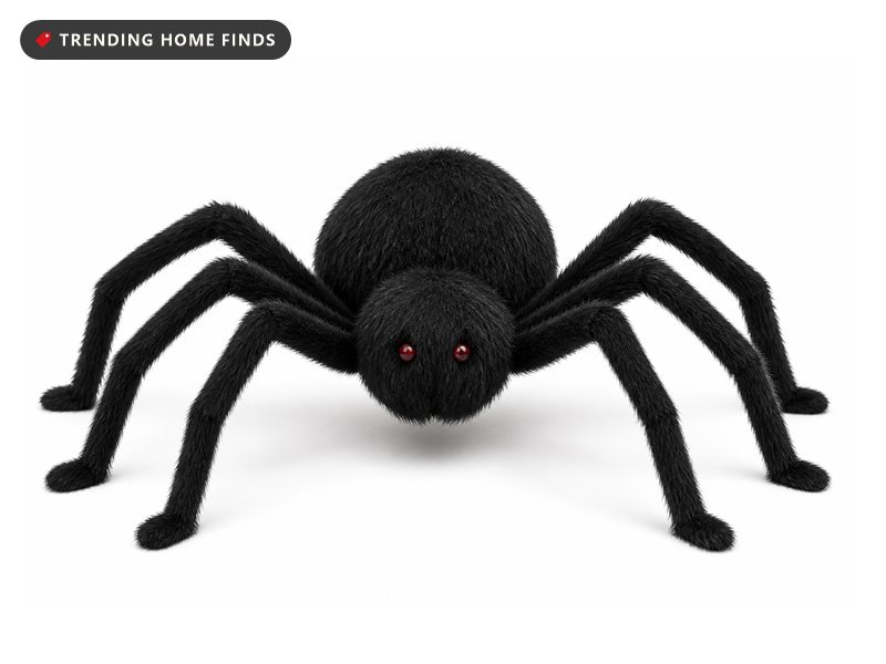 Large black plush spider prop standing on eight long bendable legs, with two red eyes at the front of its hairy body.