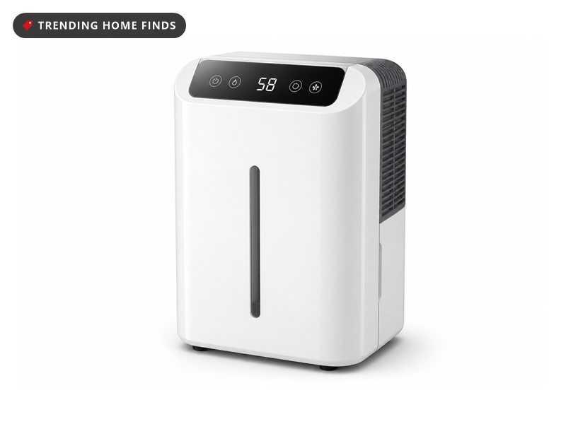 Upright white dehumidifier with a black digital control panel and a vertical water level window down the front.