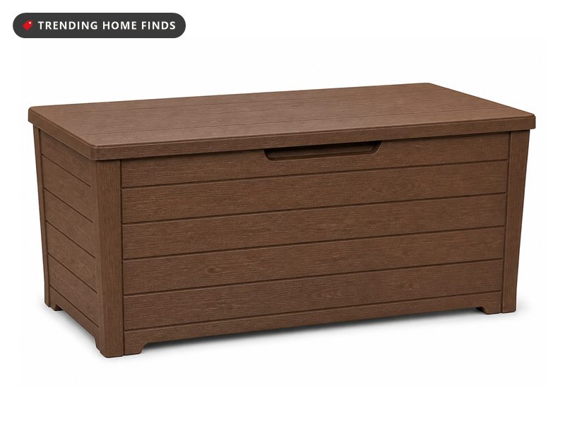 Rectangular outdoor storage box in brown wood-look resin with a plank texture, a flat lid and small moulded feet.