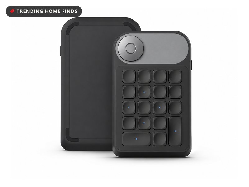 Compact black keypad with a round control dial and 18 keys, shown from the front and back on a white background