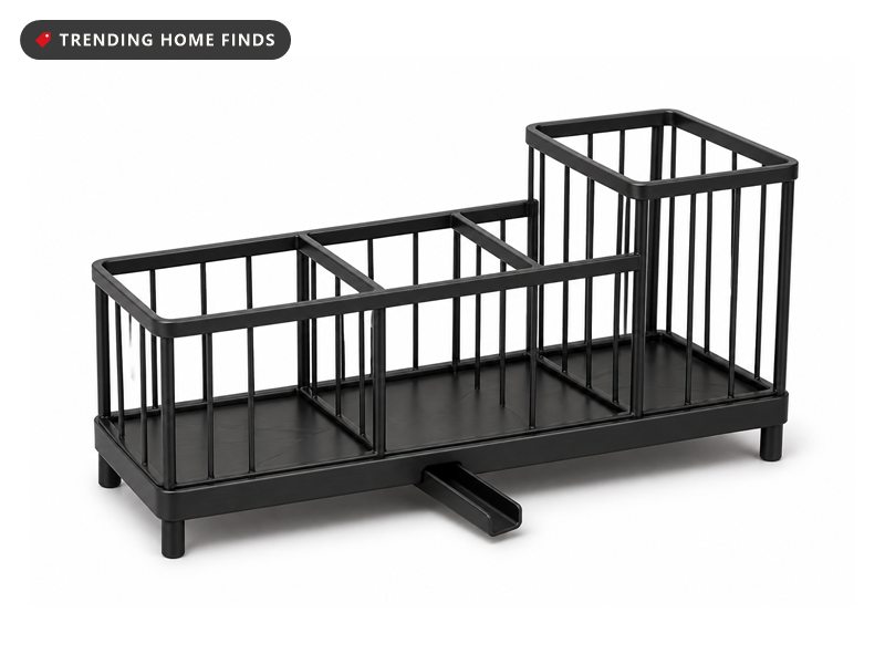 Matte black stainless sink caddy with three open compartments, a taller bar basket at one end and a short spout on the front rail.
