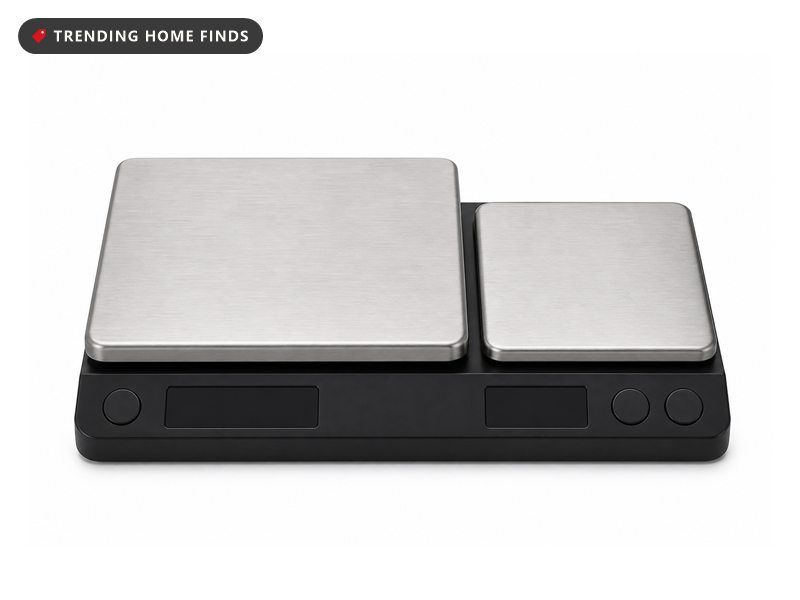 Black KitchenAid dual platform digital kitchen scale with a large and a small stainless steel weighing deck and two displays, on a marble counter beside flour and eggs