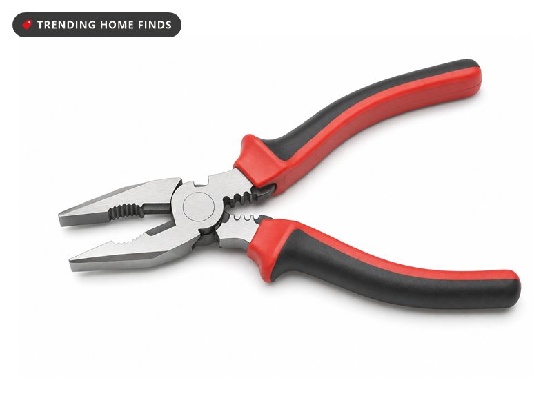Red-handled six-in-one electrical installation pliers, on a white background