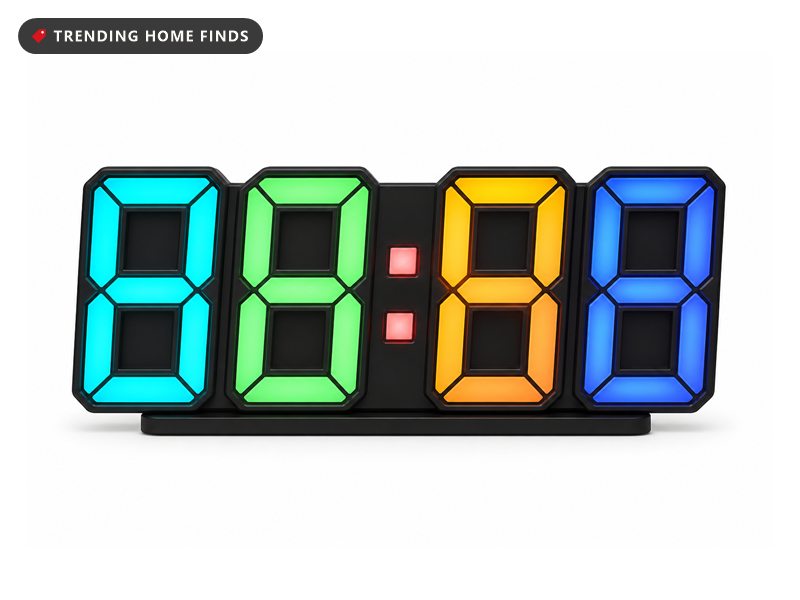 Digital wall clock with large three dimensional seven segment digits glowing in a rainbow gradient.