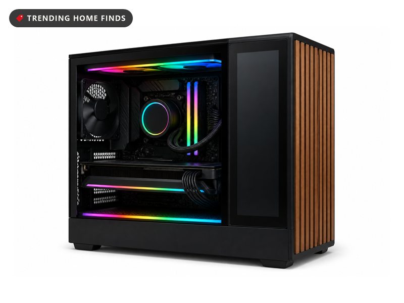 Black KOTIN desktop tower with a wood-slat side panel, a glass window showing RGB-lit internals and a liquid cooler with a round display, and a tall side screen showing CPU, GPU, VRAM and RAM gauges