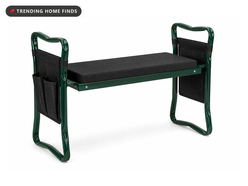 Green folding garden kneeler and seat with a black foam pad and two tool pouches, on a white background.