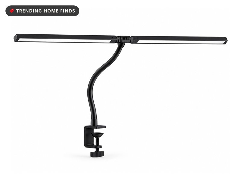 Black dual-bar architect desk lamp on a gooseneck arm with a metal desk clamp