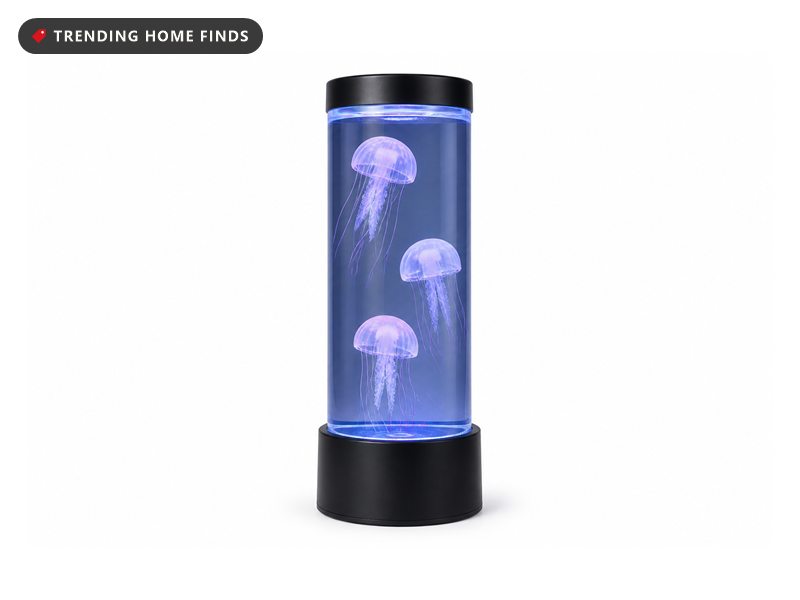 Four jellyfish lava lamp towers glowing blue, green, purple and red with drifting jellyfish inside, remote control in front.