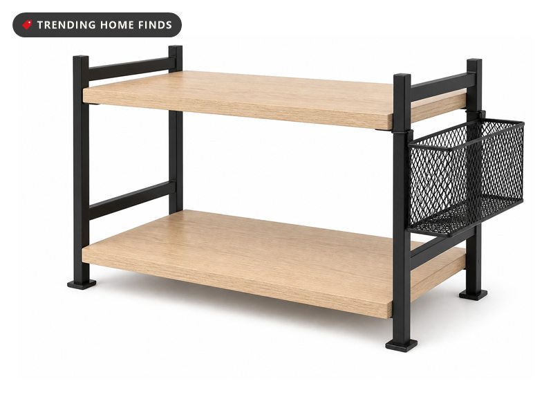A two tier organizer with light oak boards in a matte black steel frame and a mesh basket clipped to one side.