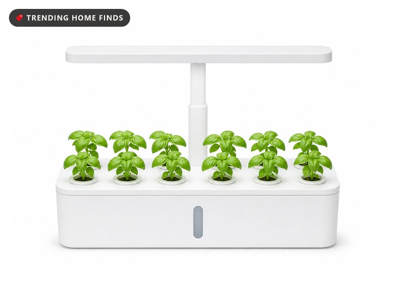 Countertop smart hydroponic herb garden with a grow light, on a white background