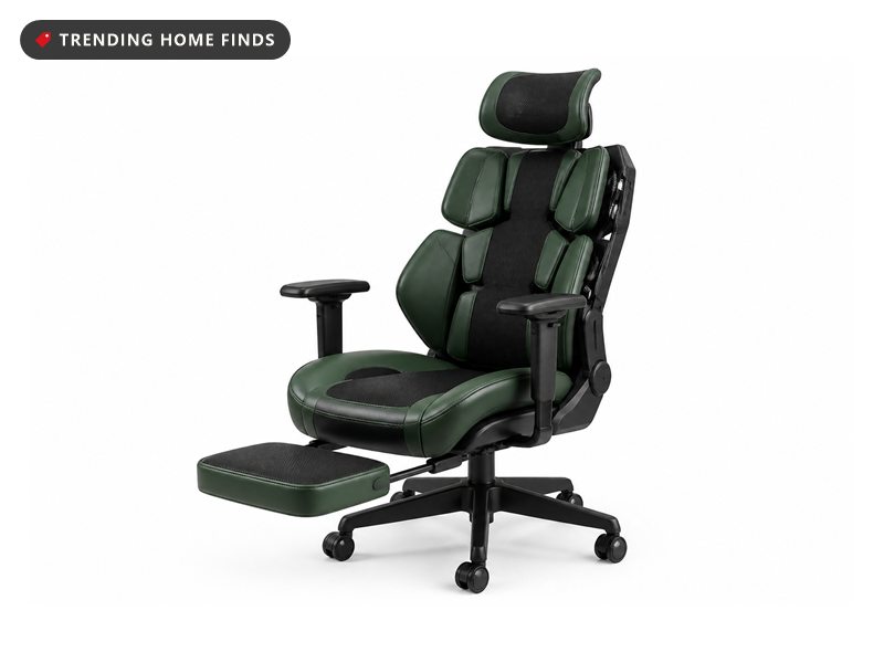 Ergonomic gaming chair with a flexing backrest and fold-out leg rest, on a white background