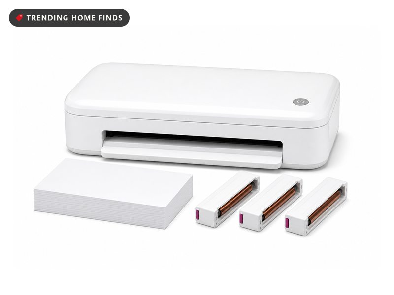 White Liene M100 photo printer with a printed family photo emerging, shown with its box, a stack of 100 photo sheets, three ink cartridges and a phone running the print app