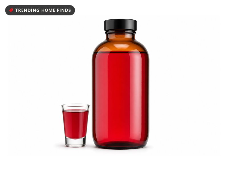 Amber bottle of liquid multivitamin beside a small measuring glass, on a white background