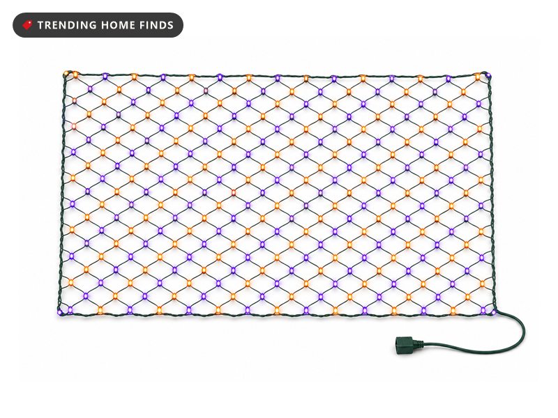 A wide mesh of dark green wire strung with hundreds of small purple and orange bulbs, shown lit.