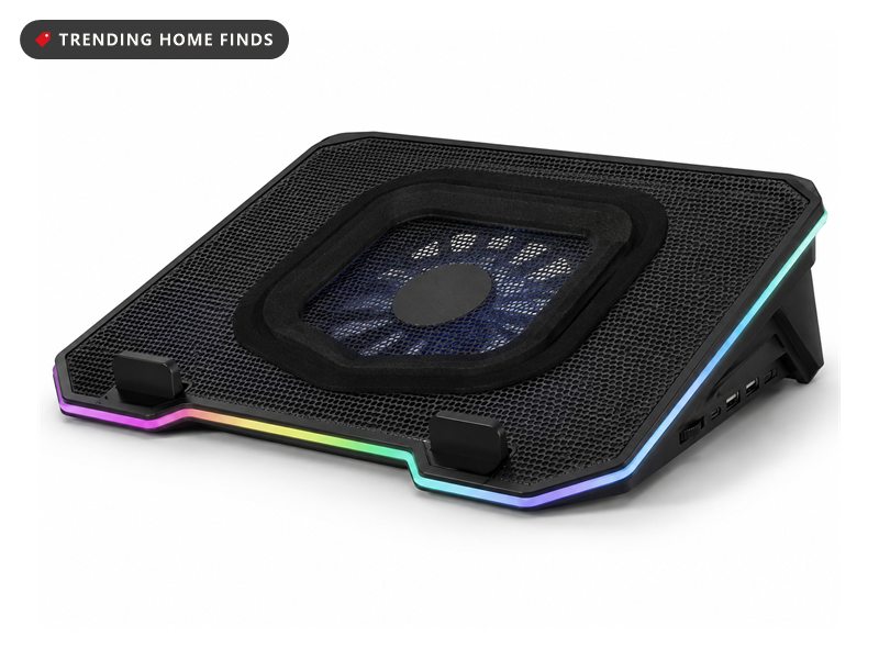 Black laptop cooling pad with a large centre turbofan behind mesh, RGB lighting along the front edge and fold-out rear feet