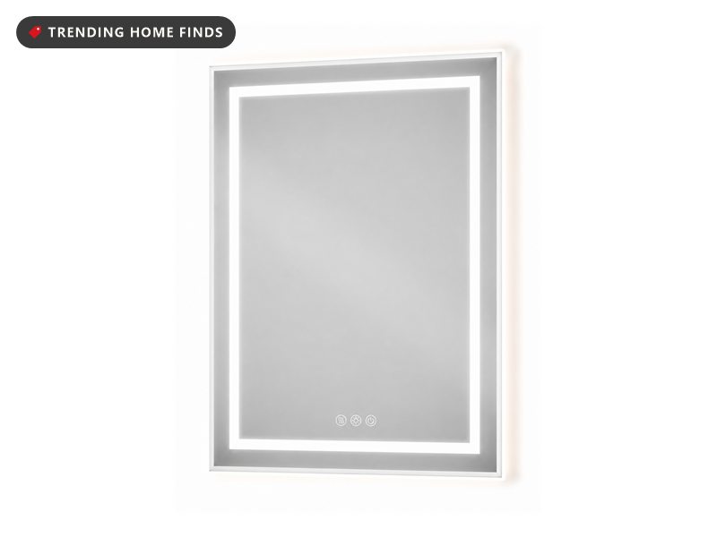 Rectangular frameless LED bathroom mirror lit around all four edges, with three touch controls along the bottom