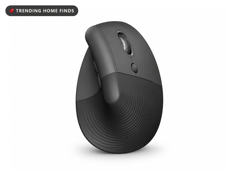 Graphite Logitech Lift vertical ergonomic mouse seen from the front at a slight angle