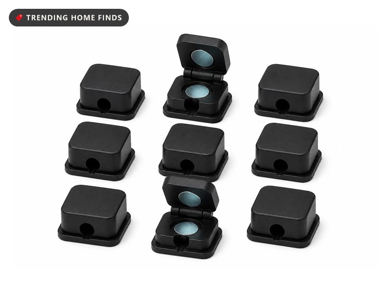 Black square magnetic cable clips, two shown hinged open with the magnet exposed, and three holding an HDMI, a USB-C and a Lightning cable