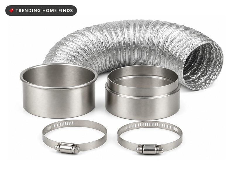 Two stainless steel magnetic dryer vent couplings with hose clamps and a length of flexible foil ducting, beside the DV180 box