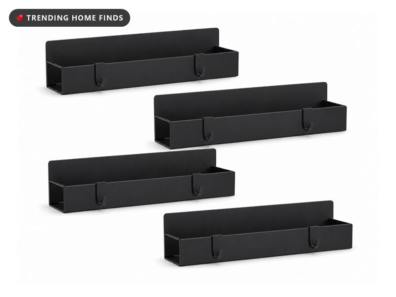 Four slim black metal magnetic spice rack shelves with hanging hooks for a refrigerator side