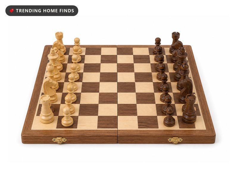 An open wooden folding chess board with wooden chess pieces.