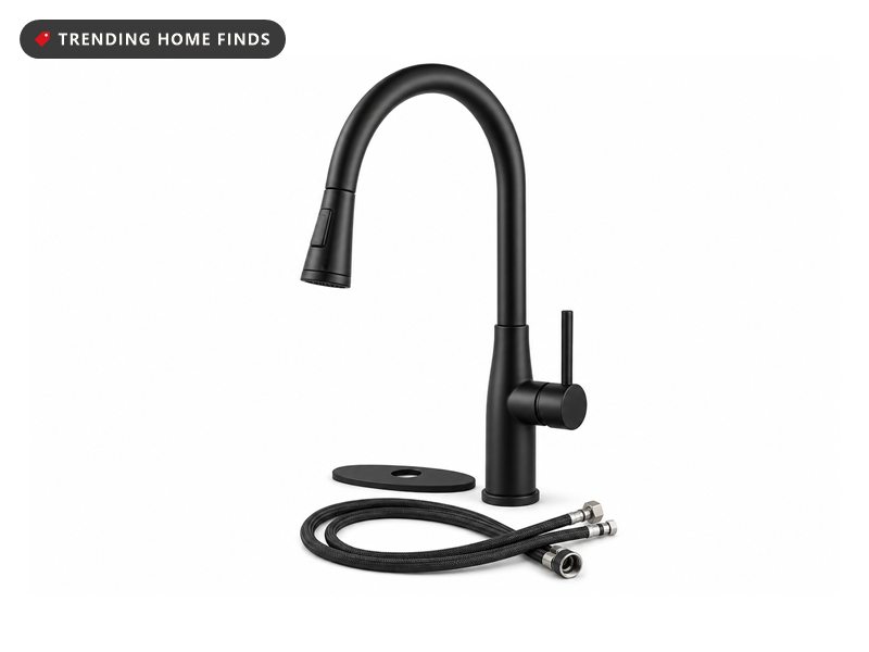 Matte black pull-down kitchen faucet with spray head, deck plate and supply hoses, on a white background