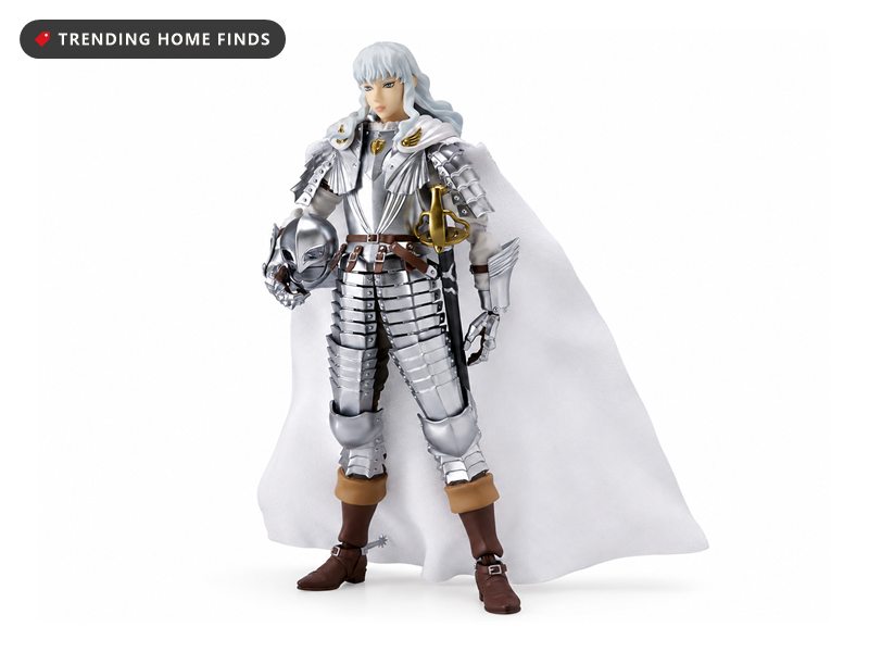 Max Factory figma of Griffith from Berserk in full silver plate armor with a white cape, holding his silver hawk helmet at his side