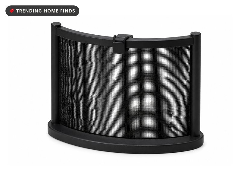 A curved black mesh microphone shield in a matte black frame with an elastic mounting band.