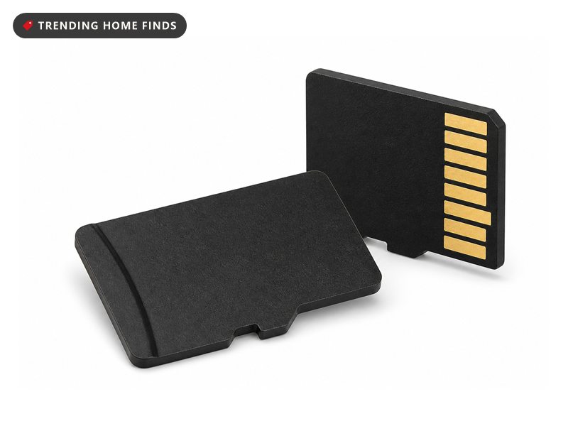 A small memory card held at the edge of a handheld game console's card slot on a wooden desk in warm golden hour light.