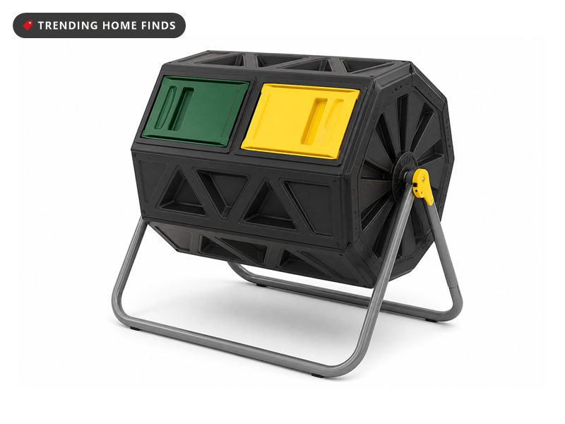 Black dual chamber compost tumbler with green and yellow sliding lids on a grey steel A-frame stand.