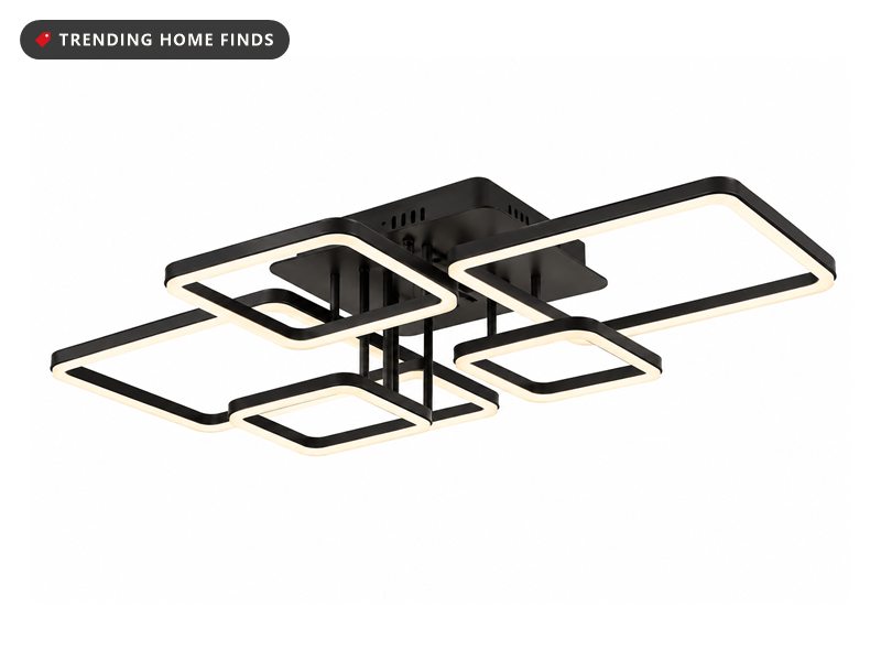 Black modern LED ceiling light made of interlocking rectangular light frames