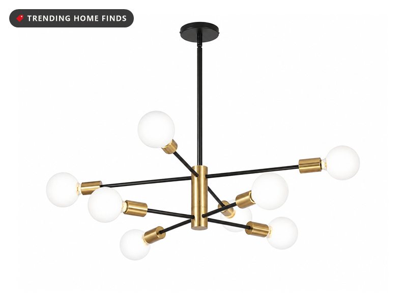 Black and gold sputnik chandelier with eight exposed round bulbs