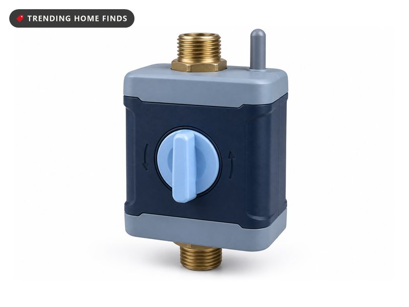 Navy blue smart water shutoff valve with a pale blue lever handle and brass pipe couplings top and bottom.