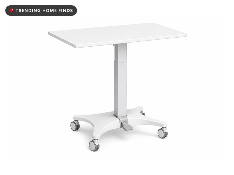 White rolling laptop standing desk with a square top, single column and four caster base, on white.