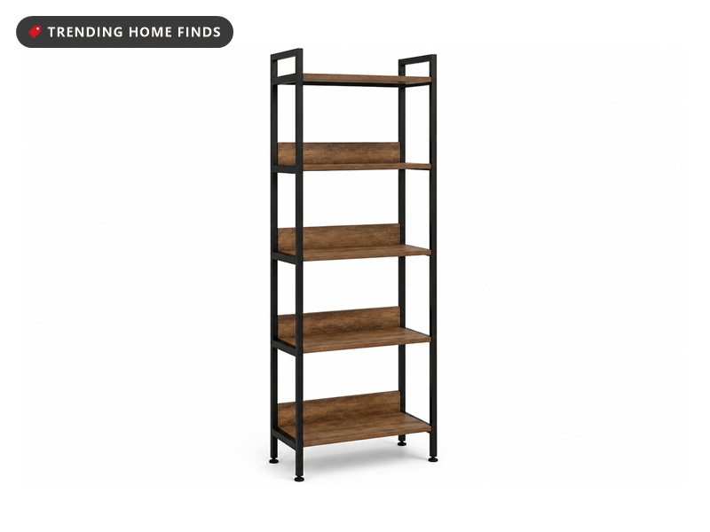 A tall narrow five tier bookshelf with a slim black metal frame and warm rustic brown wood shelves.
