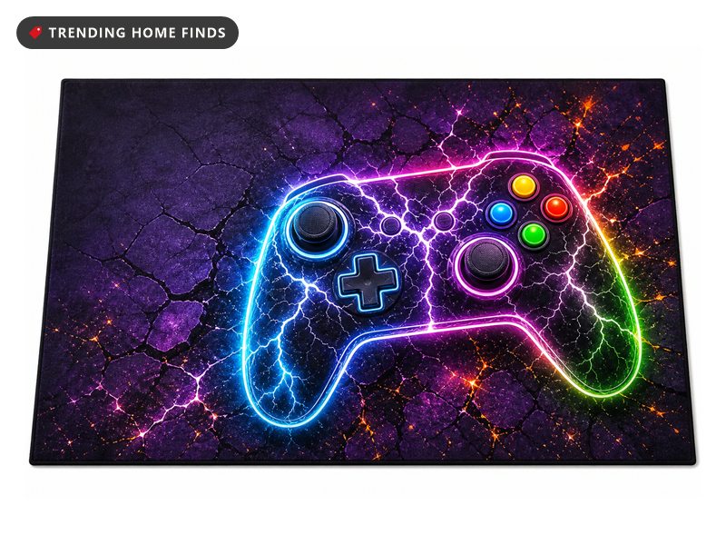 Large low pile rug printed with a glowing neon game controller over cracked stone and orange sparks.