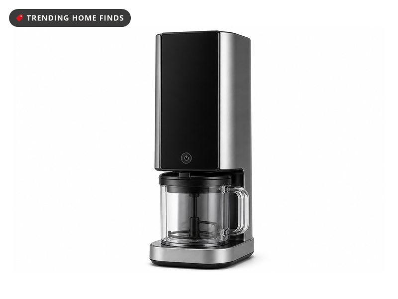 Black and silver Ninja CREAMi ice cream maker with a lit control panel of preset buttons and a clear pint container of cookies and cream base fitted underneath