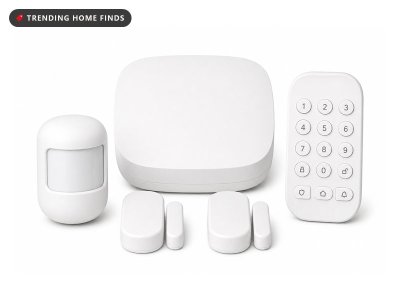 Wireless door and window security sensors with adhesive mounting pads, on a white background